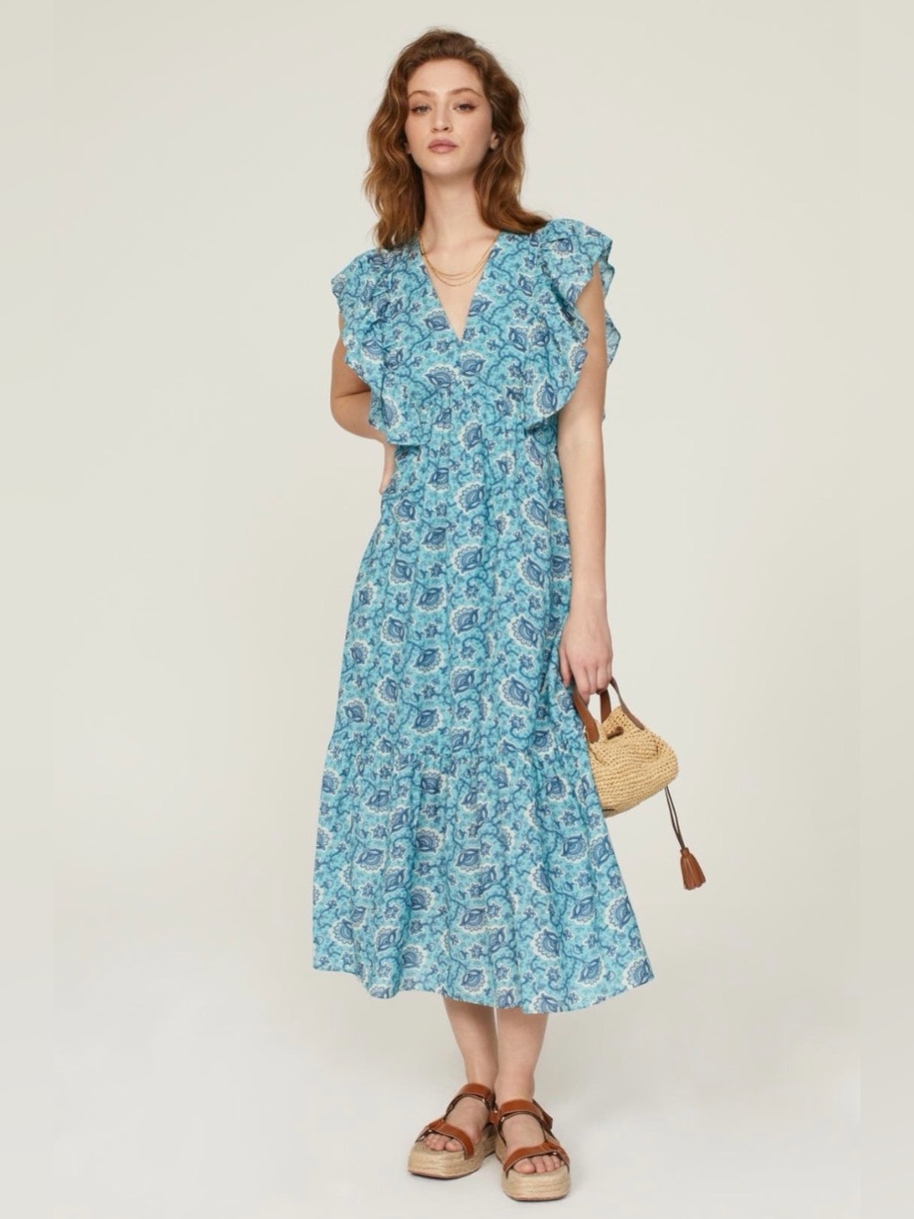 RHODE~Blue Floral V-Neck Ruffle Tasha Midi Dress~Size 4~$465~
